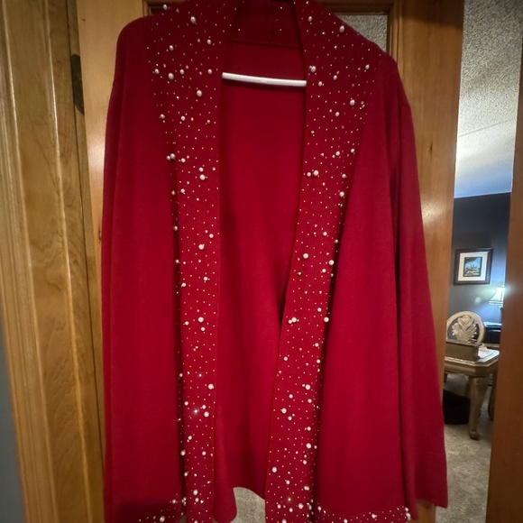 Nu Look Red Cardigan Sweater w/pearls & Crystals around trim sz xl - Picture 4 of 5